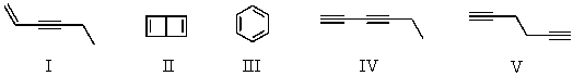 <strong>Upon catalytic hydrogenation,a compound C<sub>6</sub>H<sub>6</sub> absorbs four moles of hydrogen.Select a structure for C<sub>6</sub>H<sub>6</sub>. </strong> A) I,II B) III C) II,III D) IV,V E) I,IV,V