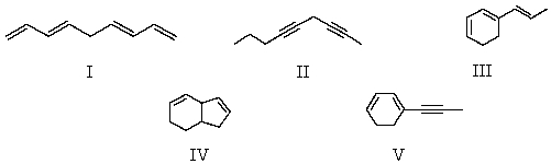 <strong>On hydrogenation,a compound C<sub>9</sub>H<sub>12</sub> absorbs 2 mol of hydrogen.Which of the following is a possible structure for the compound? </strong> A) I B) II C) III D) IV E) V