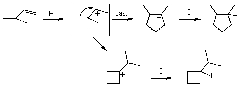   The regioselective addition of a proton first generates a secondary carbocation,which can undergo rearrangement to a more stable 3<sup>o</sup> carbocation by two alternate pathways.One pathway results in ring expansion to a more stable 5-membered ring.This pathway is thus more likely,which would then lead to the observed product.The other pathway is less likely,since ring strain is not relieved;however,this could lead to a minor product,as shown above.