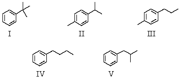  A compound with the molecular formula C<sub>10</sub>H<sub>14 </sub>gave the following <sup>1</sup>H NMR spectrum: doublet, \delta  1.2 Singlet, \delta   2.3 Septet, \delta  2.8 Multiplet, \delta   7.1 A possible structure for the compound is:   