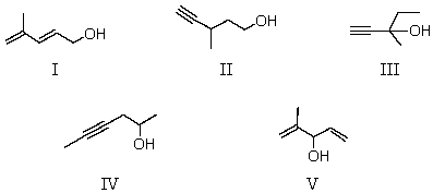  Determine the likely structure for a compound A (C<sub>6</sub>H<sub>10</sub>O),which is found to decolorize bromine in carbon tetrachloride.Its spectral data is as follows: <sup>1</sup>H NMR IR Triplet, \delta  1.0 singlet, \delta  2.4 2200 cm<sup>-1</sup> (sharp) Singlet, \delta   1.4 singlet, \delta  3.4 3300 cm<sup>-1 </sup>(sharp) Quartet, \delta   1.6 3500 cm<sup>-1 </sup>(broad)   