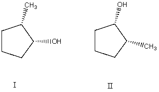 <strong>What is the relationship between alcohols I and II? They are:</strong> A) different conformations of the same compound. B) constitutional isomers. C) enantiomers. D) diastereomers. E) identical.