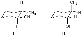 <strong>What is the relationship between alcohols I and II? They are:</strong> A) different conformations of the same compound. B) constitutional isomers. C) enantiomers. D) diastereomers. E) identical.