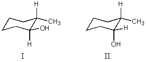 <strong>What is the relationship between alcohols I and II? They are:</strong> A) different conformations of the same compound. B) constitutional isomers. C) enantiomers. D) diastereomers. E) identical.