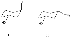 <strong>What is the relationship between alcohols I and II? They are:</strong> A) different conformations of the same compound. B) constitutional isomers. C) enantiomers. D) diastereomers. E) identical.