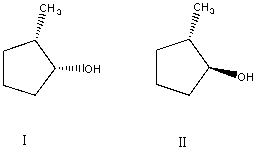 <strong>What is the relationship between alcohols I and II? They are:</strong> A) different conformations of the same compound. B) constitutional isomers. C) enantiomers. D) diastereomers. E) identical.