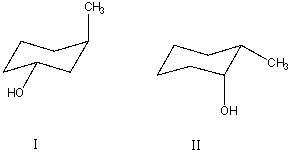 <strong>What is the relationship between alcohols I and II? They are:</strong> A) different conformations of the same compound. B) constitutional isomers. C) enantiomers. D) diastereomers. E) identical.