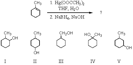 <strong>Select the structure of the major product formed from the following reaction. </strong> A) I B) II C) III D) IV E) V