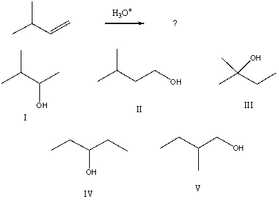 <strong>Select the structure of the major product formed from the following reaction. </strong> A) I B) II C) III D) IV E) V