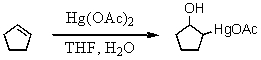 <strong>What is the electrophilic species involved in the initial step of the reaction below? </strong> A) <sup>+</sup>OH B) <sup>+</sup>HgOAc C) H<sub>3</sub>O<sup>+</sup> D) THF E) the THF/H<sub>2</sub>O complex