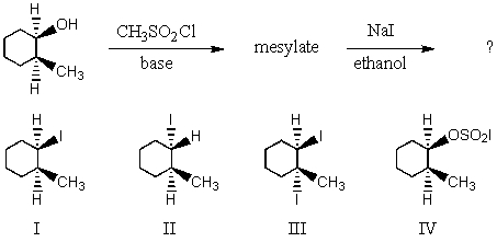 <strong>What would be the major product of the following reaction sequence? </strong> A) I B) II C) III D) IV E) An equimolar mixture of I and II