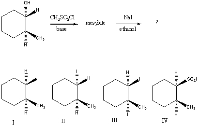 <strong>What would be the major product of the following reaction sequence? </strong> A) I B) II C) III D) IV E) An equimolar mixture of I and II