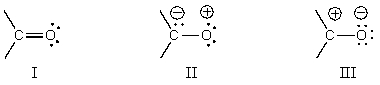 <strong>Which of the following resonance structures is not a significant contributor to the hybrid for the carbonyl group?  </strong> A) I B) II C) III D) Neither II nor III is important. E) All are significant contributors. <div style=padding-top: 35px> 