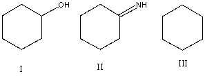 <strong>List the following compounds in order of increasing level of oxidation:  </strong> A) I,II,III B) I,III,II C) II,I,III D) III,I,II E) III,II,I <div style=padding-top: 35px> 