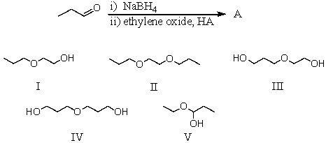 <strong>What would be the major product of the following reaction?  </strong> A) I B) II C) III D) IV E) V <div style=padding-top: 35px> 