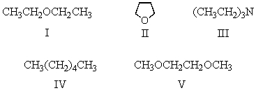 <strong>If the role of the solvent is to assist in the preparation and stabilization of the Grignard reagent by coordination with the magnesium,which of these solvents should be least effective?  </strong> A) I B) II C) III D) IV E) V <div style=padding-top: 35px> 