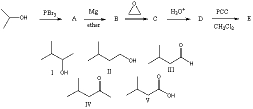 <strong>The final product,E,in the following reaction sequence is,  </strong> A) I B) II C) III D) IV E) V <div style=padding-top: 35px> 