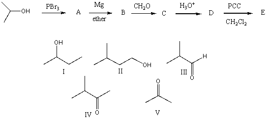 <strong>The final product,E,in the following reaction sequence is,  </strong> A) I B) II C) III D) IV E) V <div style=padding-top: 35px> 