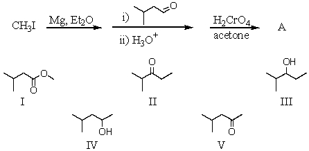 <strong>What is the final product of the following reaction sequence?  </strong> A) I B) II C) III D) IV E) V <div style=padding-top: 35px> 