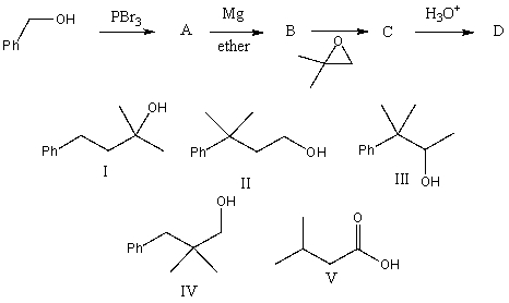 <strong>What would be the final product,A,in the following reaction sequence?  </strong> A) I B) II C) III D) IV E) V <div style=padding-top: 35px> 