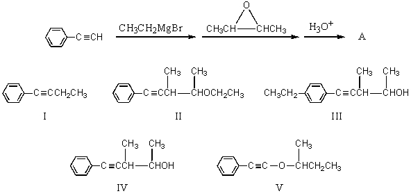 <strong>What is the product,A,that would be obtained from the following reaction sequence?   NaNH<sub>2</sub>  </strong> A) I B) II C) III D) IV E) V <div style=padding-top: 35px> 
