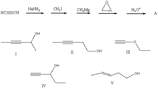 <strong>What is the product,A,that would be obtained from the following reaction sequence?  </strong> A) I B) II C) III D) IV E) V <div style=padding-top: 35px> 