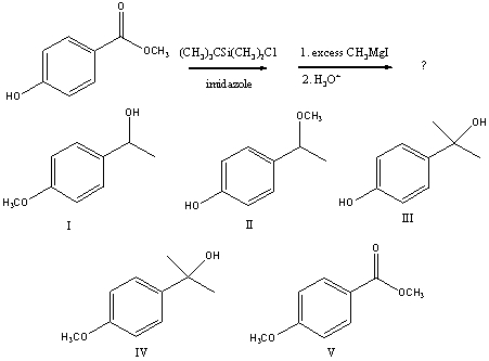 <strong>What is/are the principal product(s)formed when excess methylmagnesium iodide reacts with p-hydroxyacetophenone ?  </strong> A) I B) II C) III D) IV E) V <div style=padding-top: 35px> 
