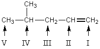 <strong>Which carbon of is predicted to be the major site of substitution when this alkene reacts with chlorine at 400 \degree C?</strong> A) I B) II C) III D) IV E) V