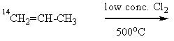 <strong>What product(s)would you expect from the following substitution reaction of <sup>14</sup>C-labeled propene? </strong> A) <sup>14</sup>CH<sub>2</sub>=CH-CH<sub>2</sub>Cl alone B) <sup>14</sup>CH<sub>2</sub>=CH-CH<sub>2</sub>Cl and CH<sub>2</sub>=CH-<sup>14</sup>CH<sub>2</sub>Cl,in equal amounts C) CH<sub>2</sub>=CH-<sup>14</sup>CH<sub>2</sub>Cl alone D) more<sup> 14</sup>CH<sub>2</sub>=CHCH<sub>2</sub>Cl,but a little CH<sub>2</sub>=CH-<sup>14</sup>CH<sub>2</sub>Cl E) more CH<sub>2</sub>=CH-<sup>14</sup>CH<sub>2</sub>Cl,but a little <sup>14</sup>CH<sub>2</sub>=CHCH<sub>2</sub>Cl