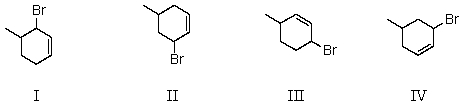 <strong>Treatment of 4-methylcyclohexene with N-bromosuccinimide in CCl<sub>4</sub> would yield mainly: </strong> A) I B) II C) III D) IV E) All of the above