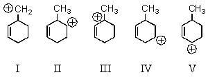 <strong>Which carbocation would be most stable? </strong> A) I B) II C) III D) IV E) V