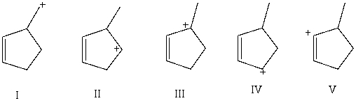 <strong>Which carbocation would be most stable? </strong> A) I B) II C) III D) IV E) V