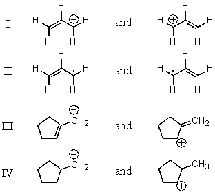 <strong>Which pair does not represent a pair of resonance structures? </strong> A) I B) II C) III D) IV E) All of these represent pairs of resonance structures.