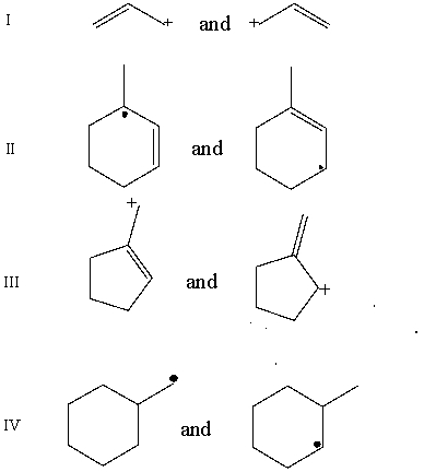 <strong>Which pair does not represent a pair of resonance structures? </strong> A) I B) II C) III D) IV E) All of these represent pairs of resonance structures.