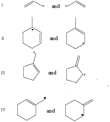 <strong>Which pair does not represent a pair of resonance structures? </strong> A) I B) II C) III D) IV E) All of these represent pairs of resonance structures.