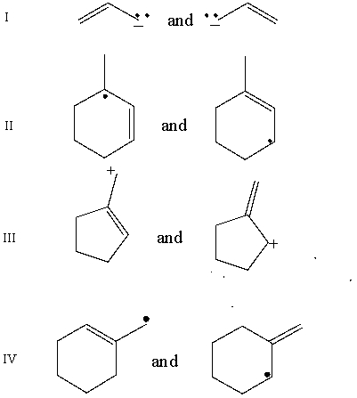 <strong>Which pair does not represent a pair of resonance structures? </strong> A) I B) II C) III D) IV E) All of these represent pairs of resonance structures.