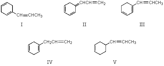 <strong>Which compound would have a UV absorption band at longest wavelength? </strong> A) I B) II C) III D) IV E) V