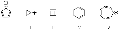 <strong>Which of the following would you expect to be antiaromatic? </strong> A) I B) II C) III D) IV E) V