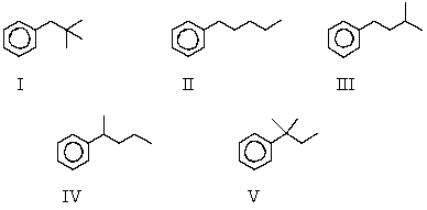 <strong>The reaction of benzene with (CH<sub>3</sub>)<sub>3</sub>CCH<sub>2</sub>Cl in the presence of anhydrous aluminum chloride produces principally which of these? </strong> A) I B) II C) III D) IV E) V