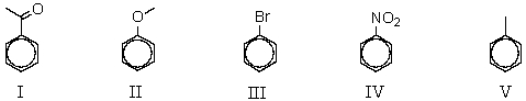 <strong>Arrange the following compounds in order of decreasing reactivity in electrophilic substitution: </strong> A) V > II > I > III > IV B) II > V > III > I > IV C) IV > I > III > V > II D) III > II > I > IV > V E) IV > V > II > I > III