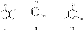 <strong>What would you expect to be the major product obtained from the monobromination of m-dichlorobenzene? </strong> A) I B) II C) III D) Equal amounts of I and II E) Equal amounts of I,II and III