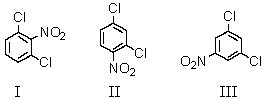 <strong>What would you expect to be the major product(s)obtained from the mononitration of m-dichlorobenzene? </strong> A) I B) II C) III D) Equal amounts of I and II E) Equal amounts of I,II and III