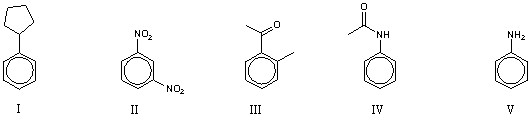 <strong>Which of the following compounds would be most reactive toward electrophilic substitution? </strong> A) I B) II C) III D) IV E) V