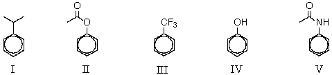 <strong>Which of the following compounds would be most reactive toward ring nitration? </strong> A) I B) II C) III D) IV E) V