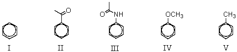 <strong>Which of the compounds listed below would you expect to give the greatest amount of meta-product when subjected to ring nitration? </strong> A) I B) II C) III D) IV E) V