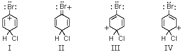<strong>Which of the following structures contribute(s)to the resonance hybrid of the intermediate formed when bromobenzene undergoes para-chlorination? </strong> A) I B) II C) III D) IV E) All of the above