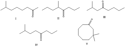 <strong>What is the correct structure for 7-methyl-4-octanone? </strong> A) I B) II C) III D) IV E) V