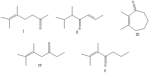 <strong>What is the correct structure for 2,3-dimethyl-2-hepten-4-one? </strong> A) I B) II C) III D) IV E) V