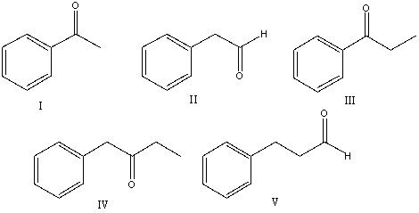 <strong>What is the correct structure for 3-phenylpropanal? </strong> A) I B) II C) III D) IV E) V