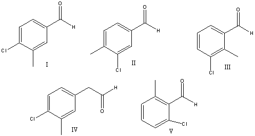 <strong>What is the correct structure for 4-chloro-3-methylbenzaldehyde? </strong> A) I B) II C) III D) IV E) V